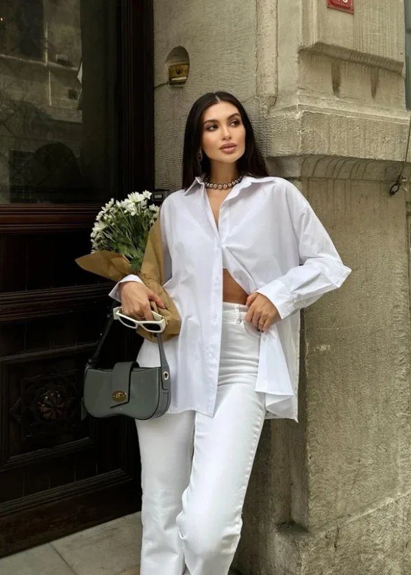 Μακρύ Πουκάμισο Oversize με δαντελωτή διαφάνεια Λευκό