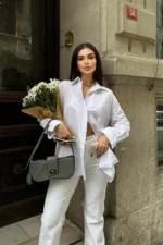 Μακρύ Πουκάμισο Oversize με δαντελωτή διαφάνεια Λευκό