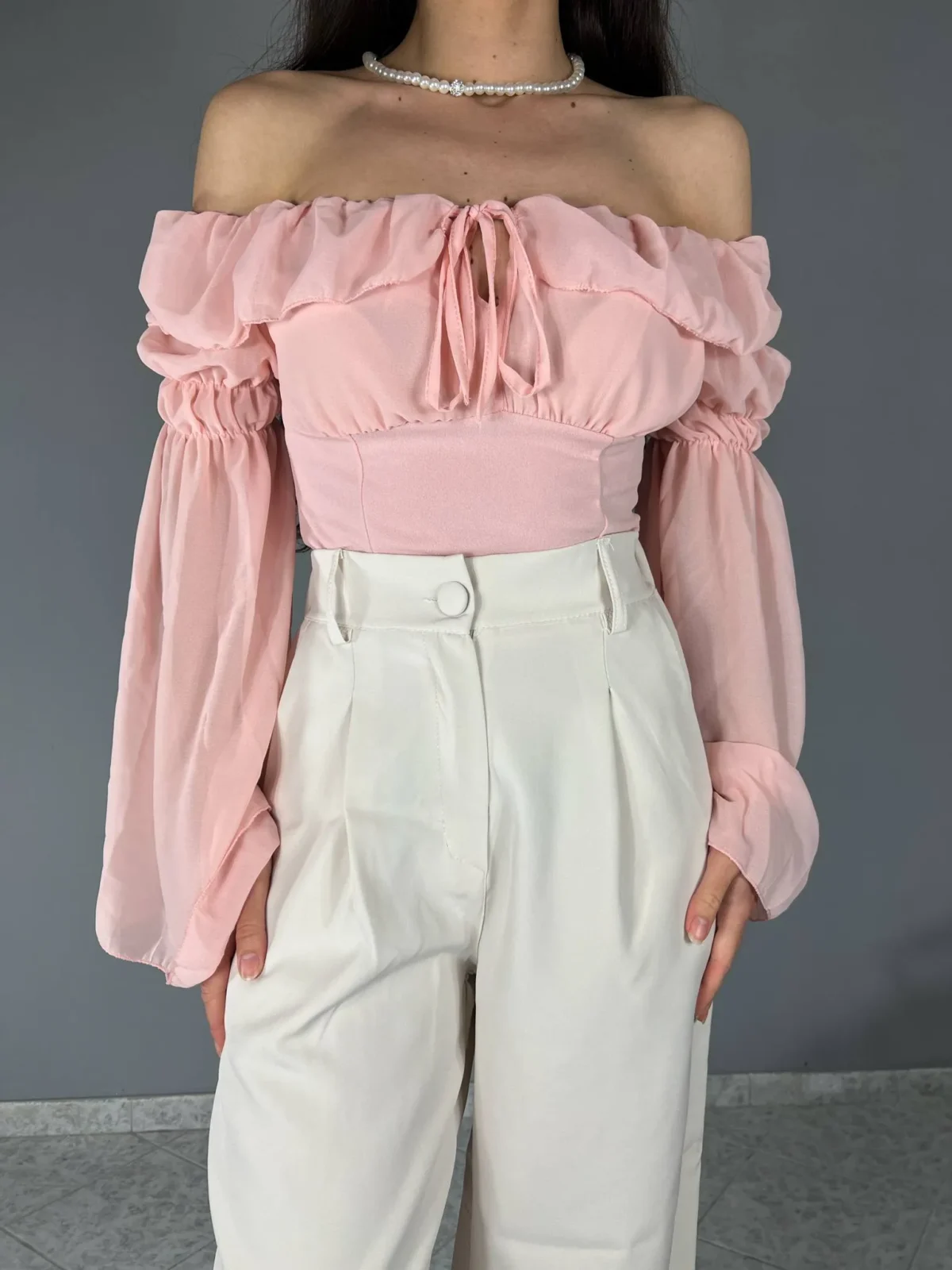 Crop Top Off Shoulders με βολάν ροζ