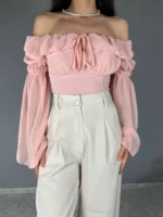 Crop Top Off Shoulders με βολάν ροζ