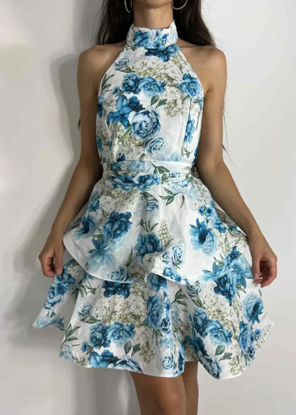 Μινι φλοράλ φόρεμα halter neck με ζωνάκι μπλε