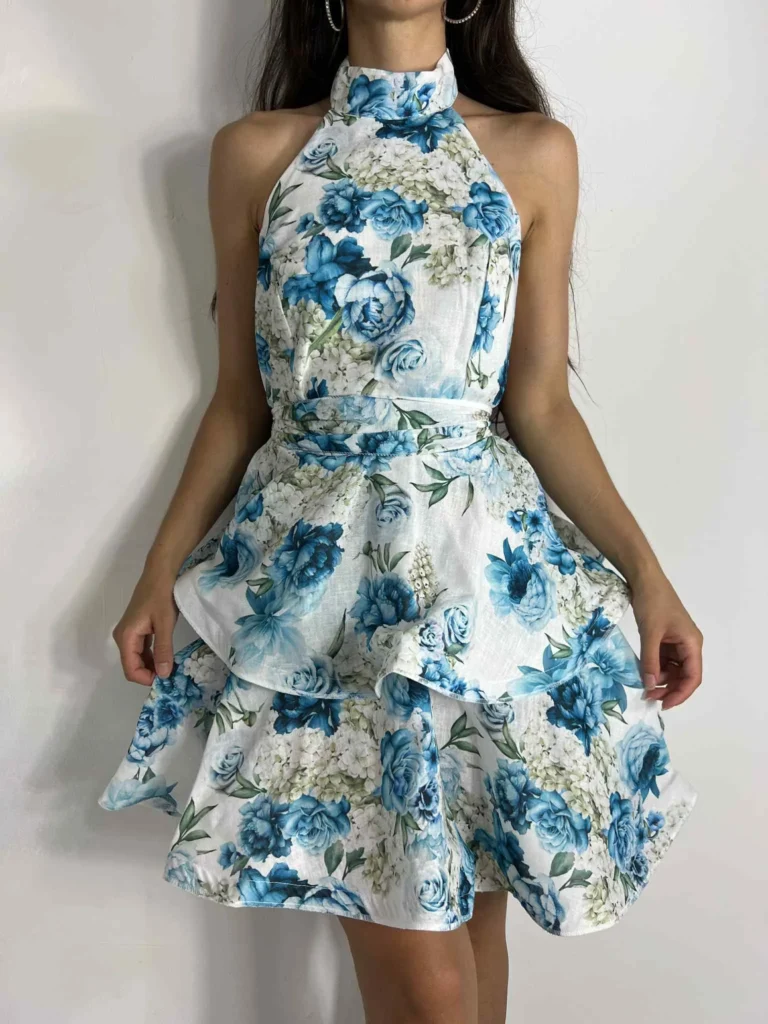 Μινι φλοράλ φόρεμα halter neck με ζωνάκι μπλε