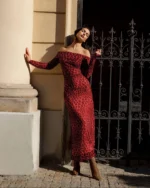 Off shoulders μακρύ φόρεμα λεοπάρ με τούλι κόκκινο