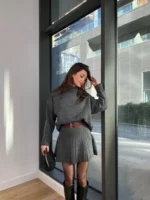 πλεκτο σετ φουστα μπλουζα γκρι 3